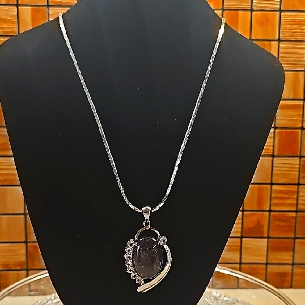 Vintage Silvertone Snake Chain Necklace with Midnight Blue Sandstone Pendant